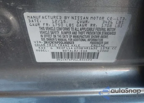 2016 Nissan Versa 1.6 S/1.6 S+/1.6 Sl/1.6 Sv из США, поврежденный, VIN 3N1CN7AP2GL850523